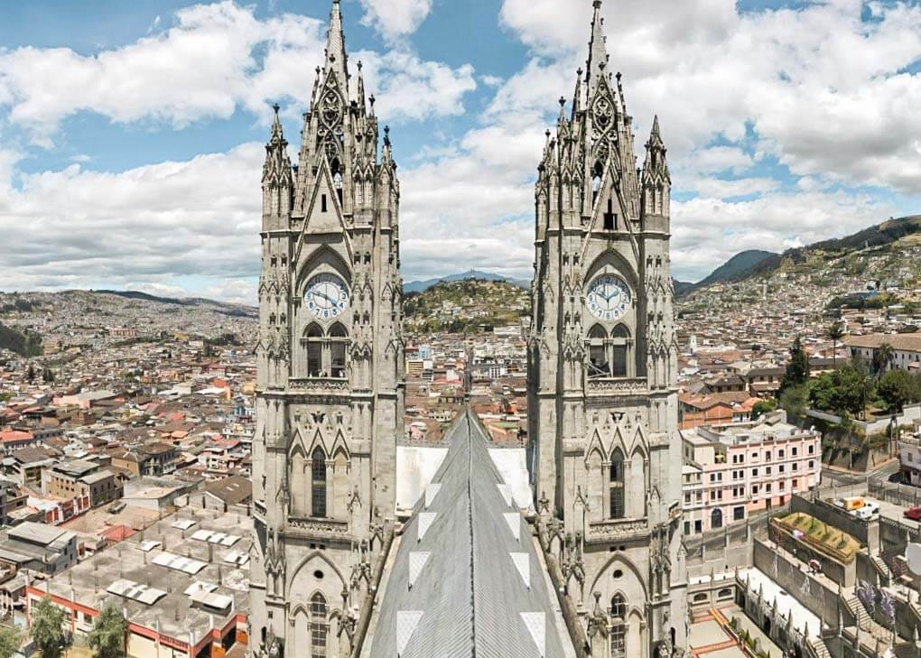 Te views from the top of the Basílica del Voto Nacional in Quito, Ecuador