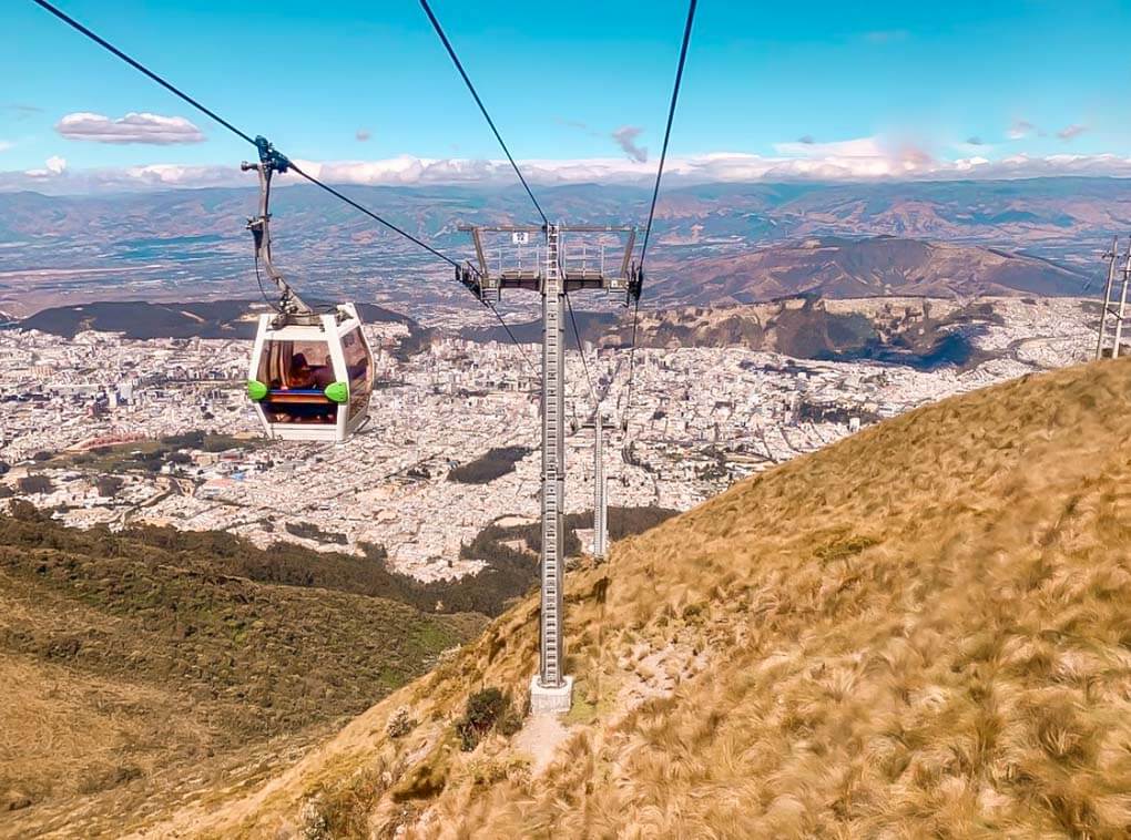 The Teleferiqo in Quito Ecuador arriving at the viewpoint looking over the city