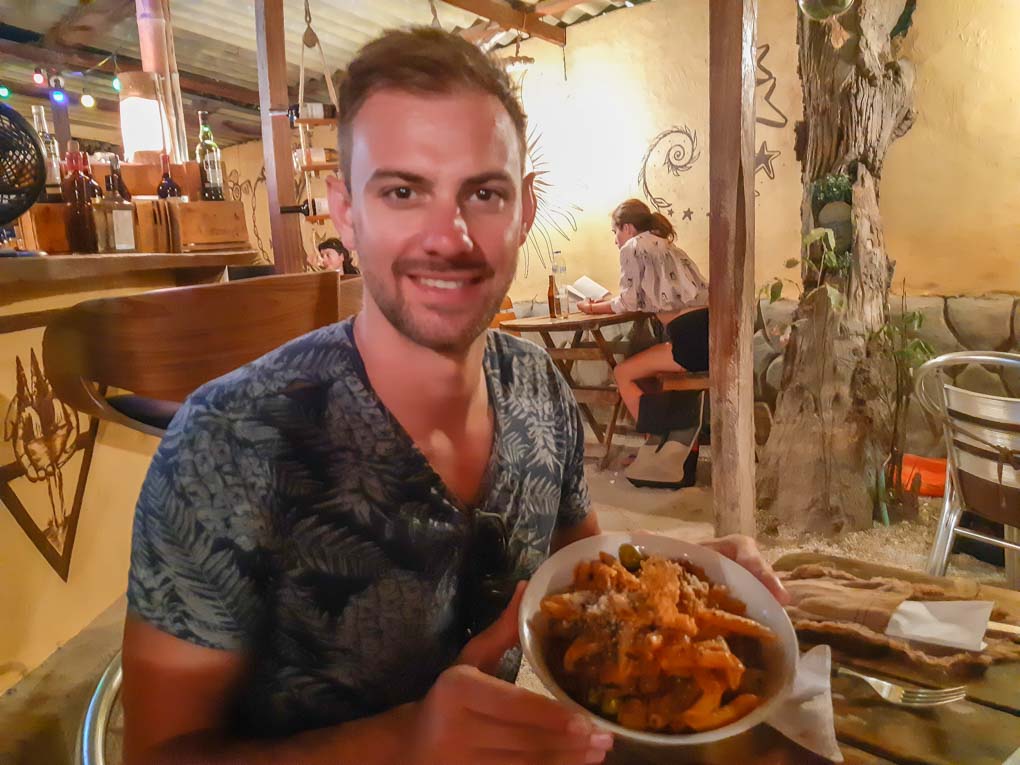 Eating amazing pasta at Pachamama in Taganga