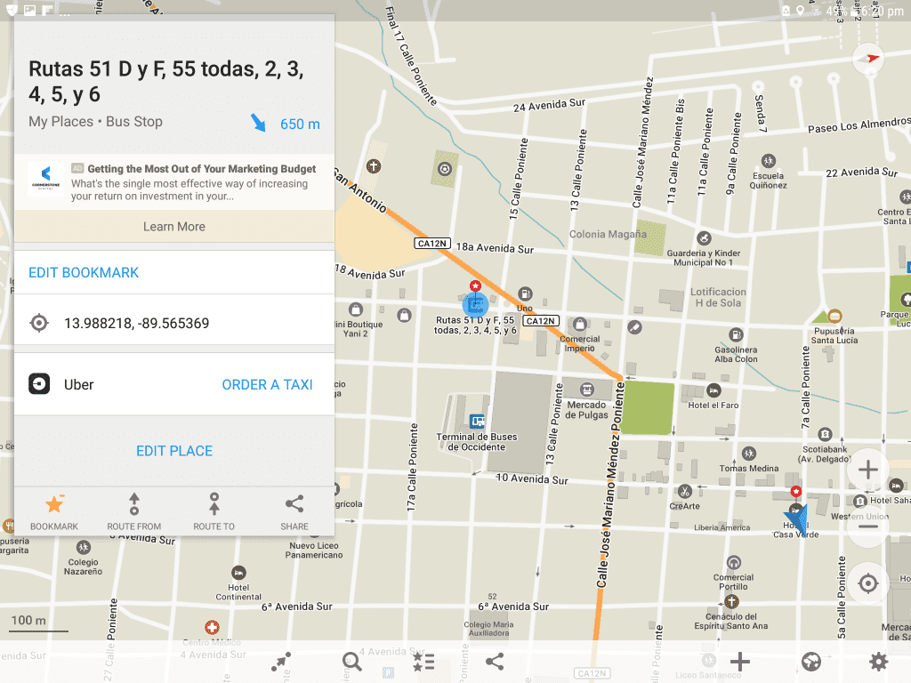 A map of where to catch the bus to Juayua from Santa Ana