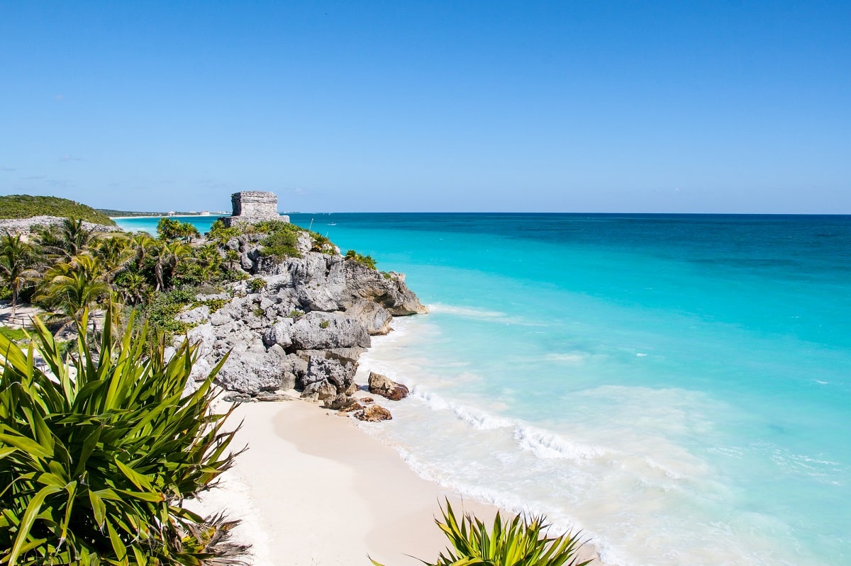 A view of the Tulum Ruins above Playa Ruinas, Tulum