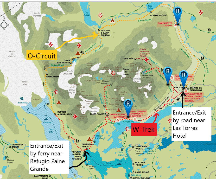 map of distances on w trek and o circuit for torres del paine hike