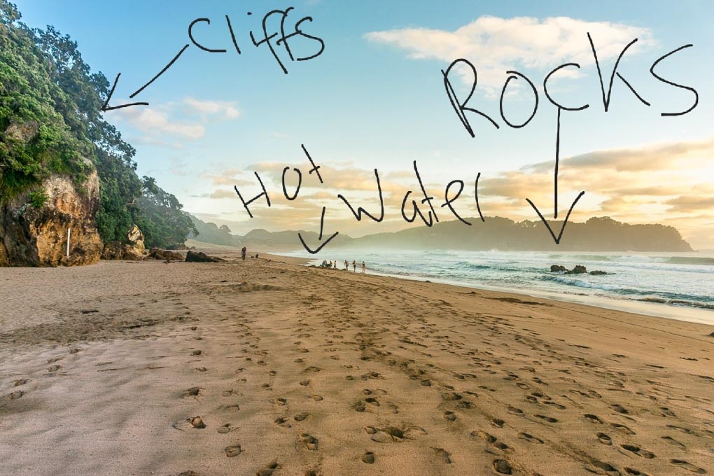 Map of how to find the hot water at Hot Water Beach