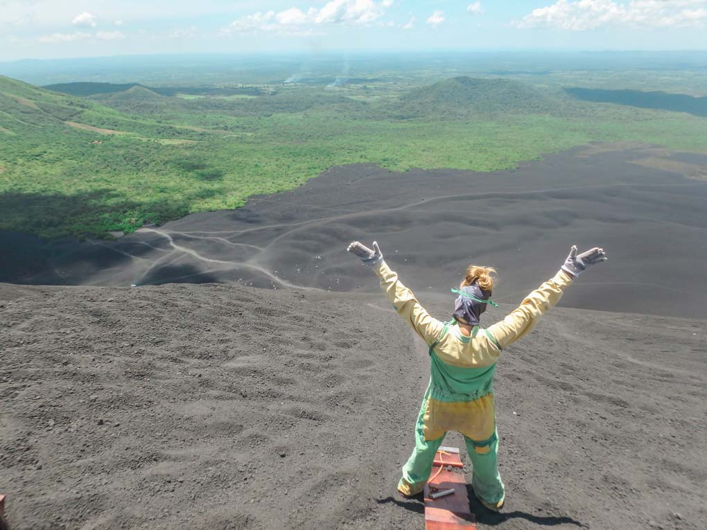 Bailey on Cerro Negro about to go volcano boarding in Nicaragua