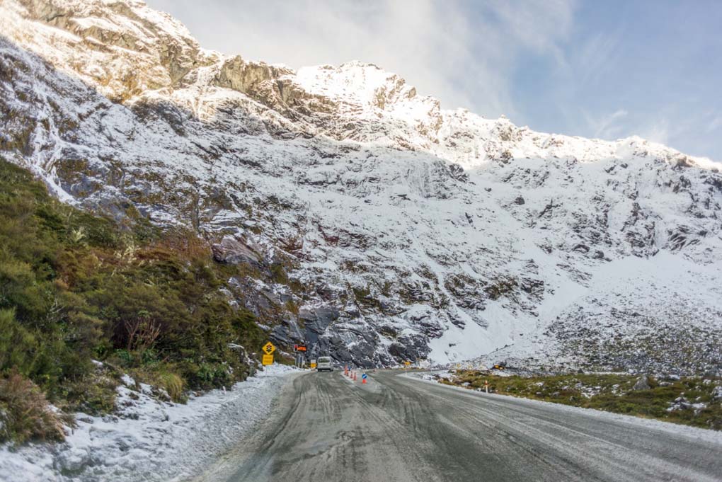 Waiting at the Homer tunnel on a winters day in New Zealand