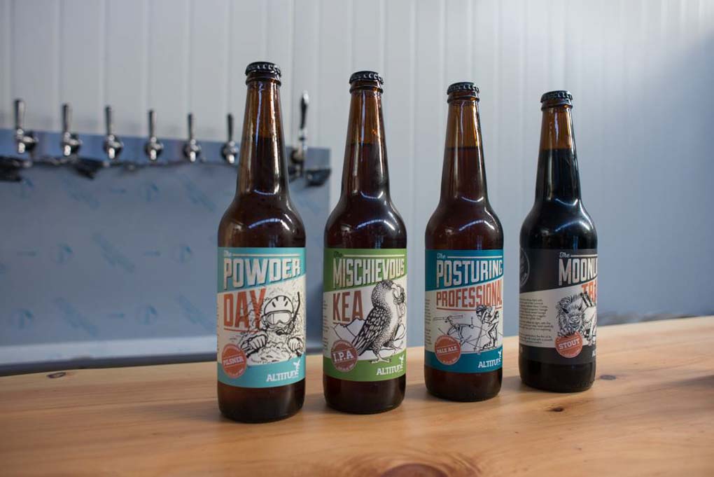four beer bottles at Altitude Brewing in Queenstown