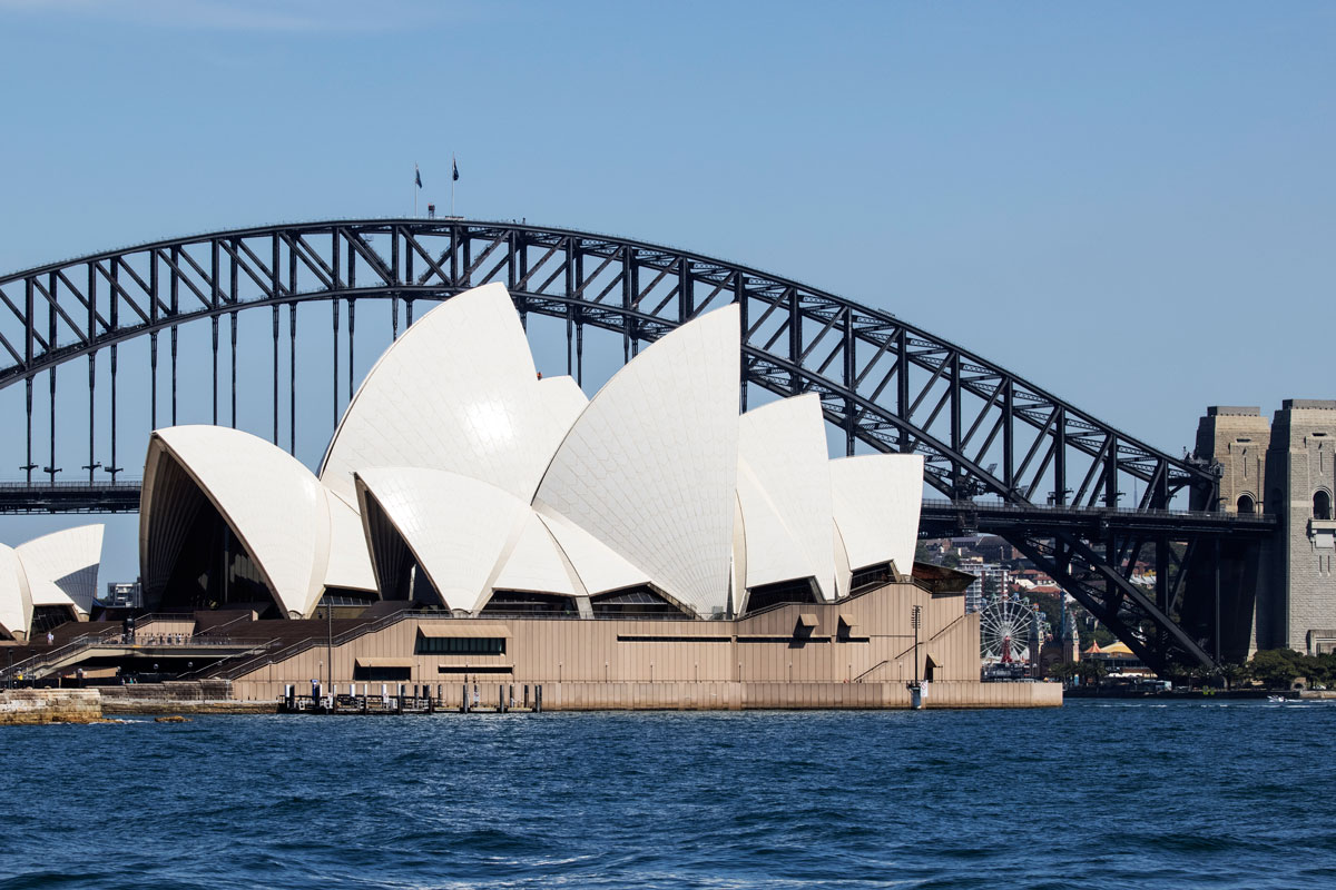 View of the Opera House and Harbor Bridge from a ferry ride in Sydney, Australia