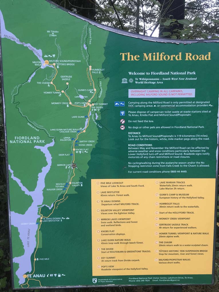 Map of the stops between Milford Sound and Te Anau