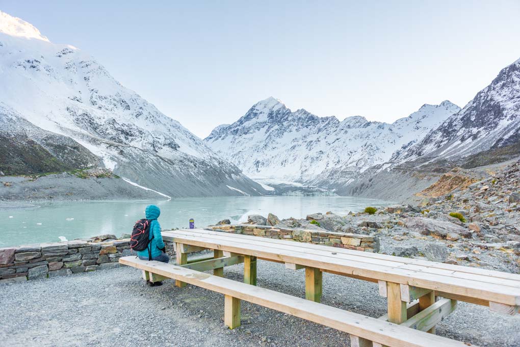 Looking out at Mount Cook from the bench at the end of the Hooker Valley Trail