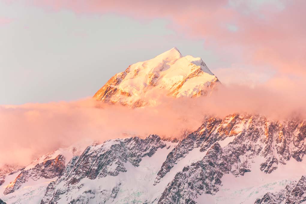 A sunrise over Mount Cook on the Hooker Valley Trail.