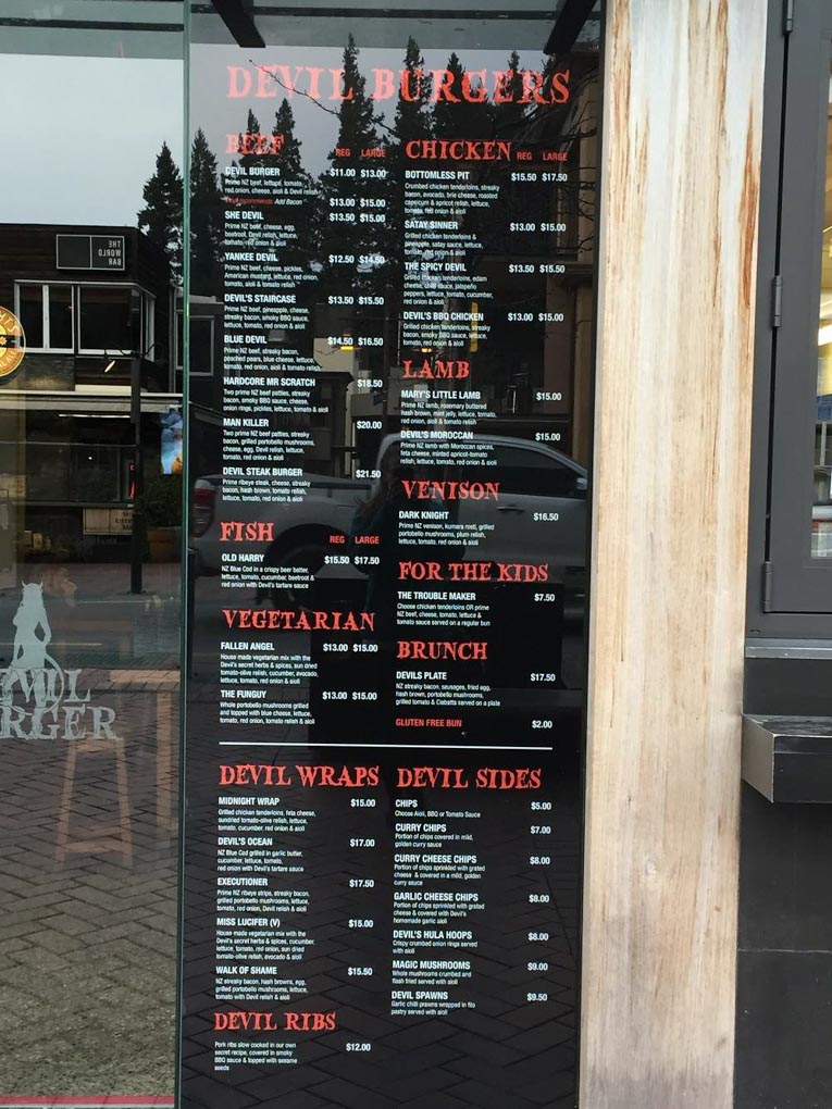 The menu at Devil Burger Queenstown