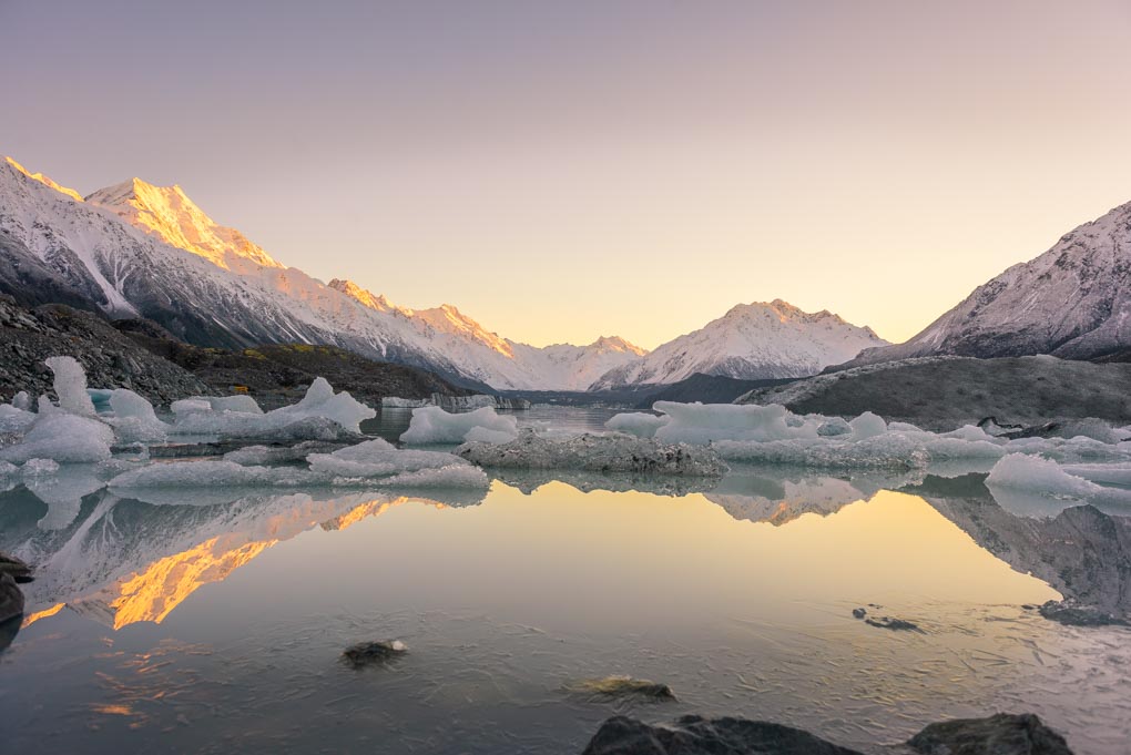 Tha Tasman Lake and Tasman Glacier at sunrise