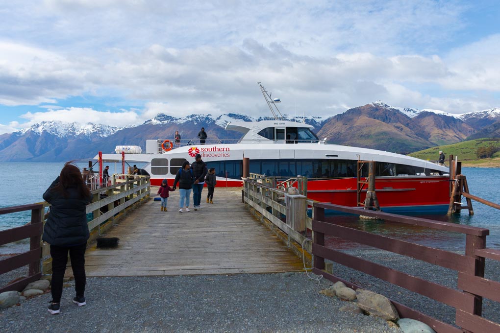 The Spirit of Queenstown ferry docked at the Mt Nicholas Station