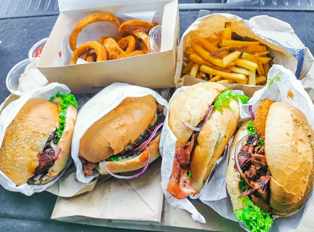 4 burgers and sides at Fergburger in Queenstown
