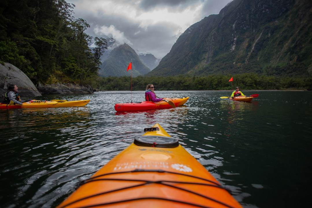 Bailey kayaking in Milford Sound New Zealand