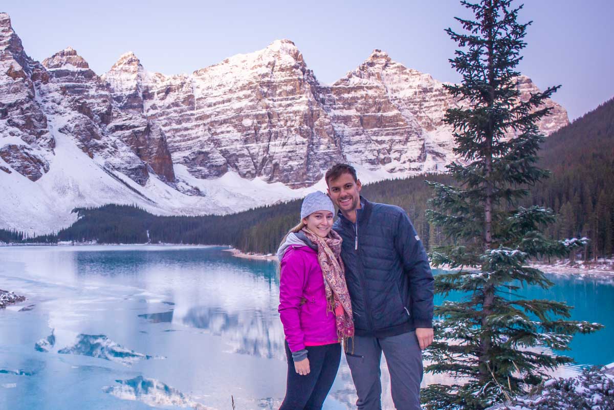 Daniel and Bailey pose for a photo at Moraine Lake