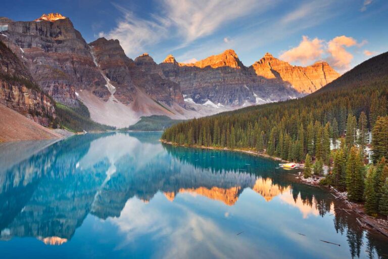 Sunrise reflections at Moraine Lake, Banff