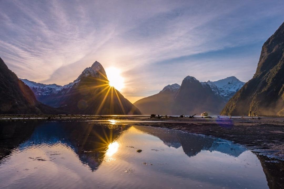 A sunset in Milford Sound on New Zealand's south island