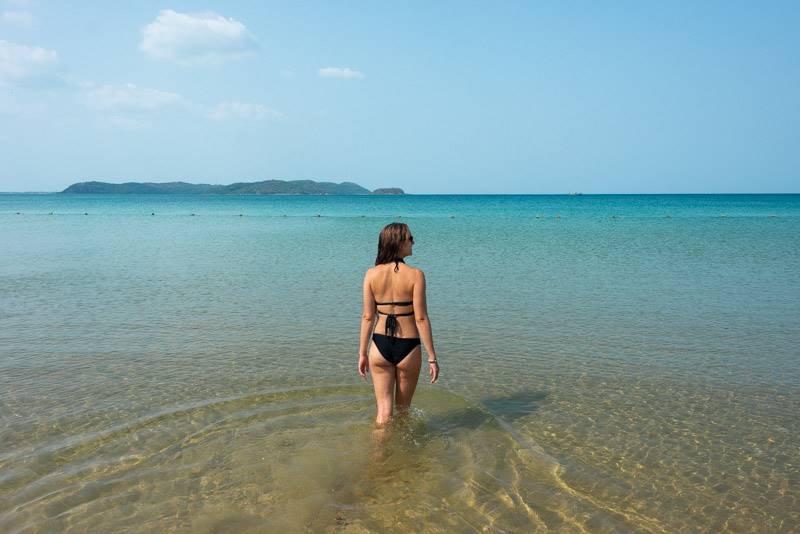 walking into the clear water at Marble Beach, Trincomalee