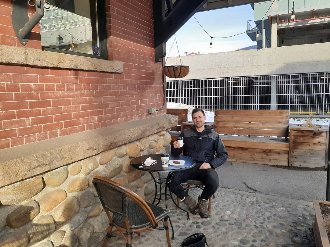 Sitting outside Ratio cafe in Vernon