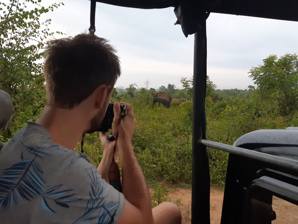 taking a photo of an elephant in Udawalalwe national park while on a jeep safari