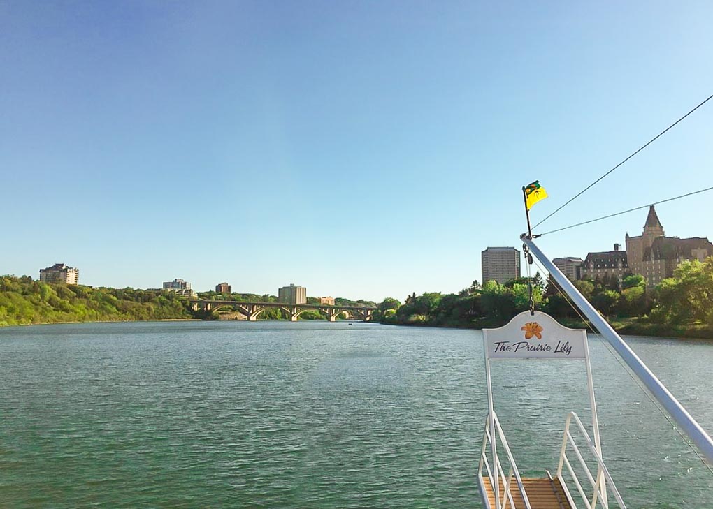 Looking out the front of the Prarie Lilly boat on our cruise in Saskatoon, SK