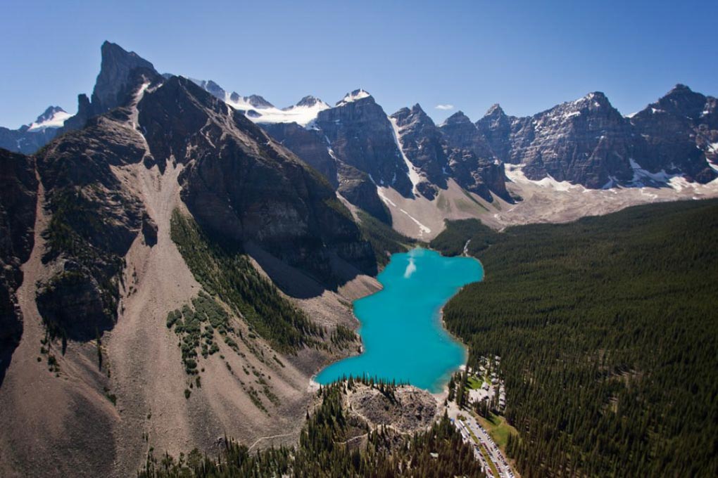 The views of Lake Lousie from a scenic flight in Banff
