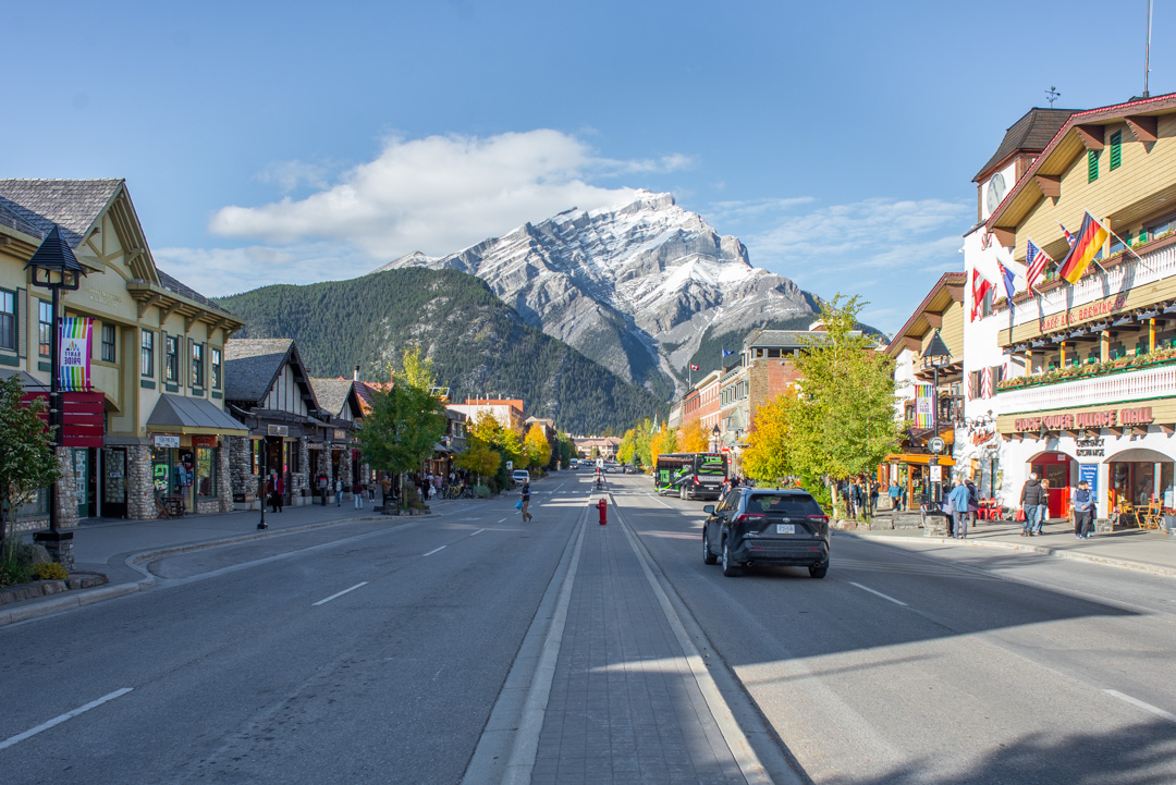 The main street of banff during a warm summers day, Banff Ave