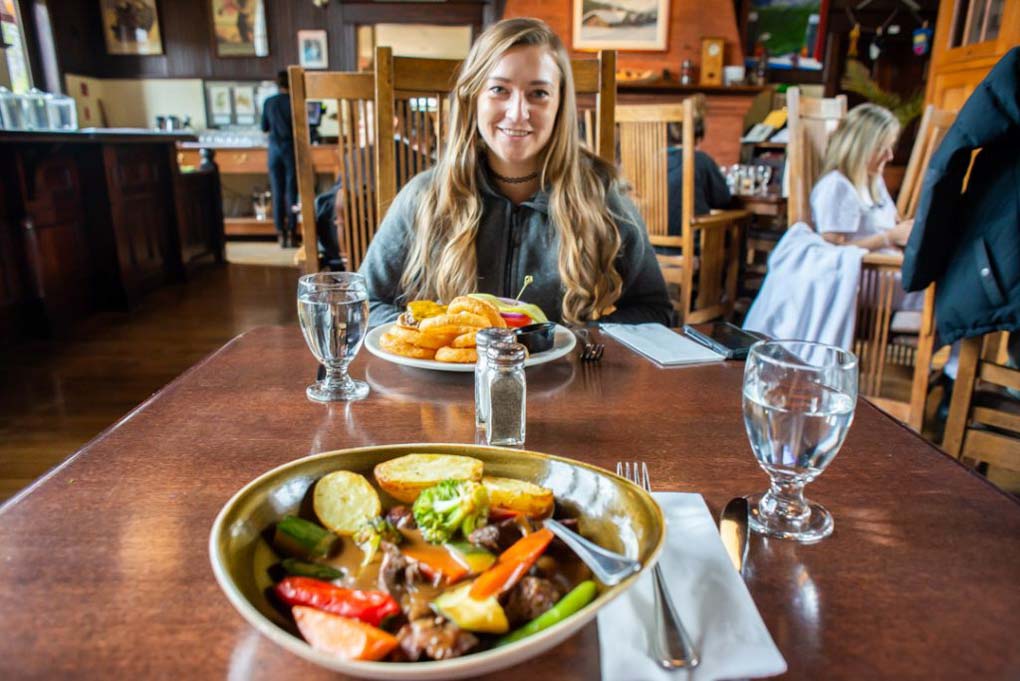 Bailey and I about to eat at the Station Restaurant Lake Louise
