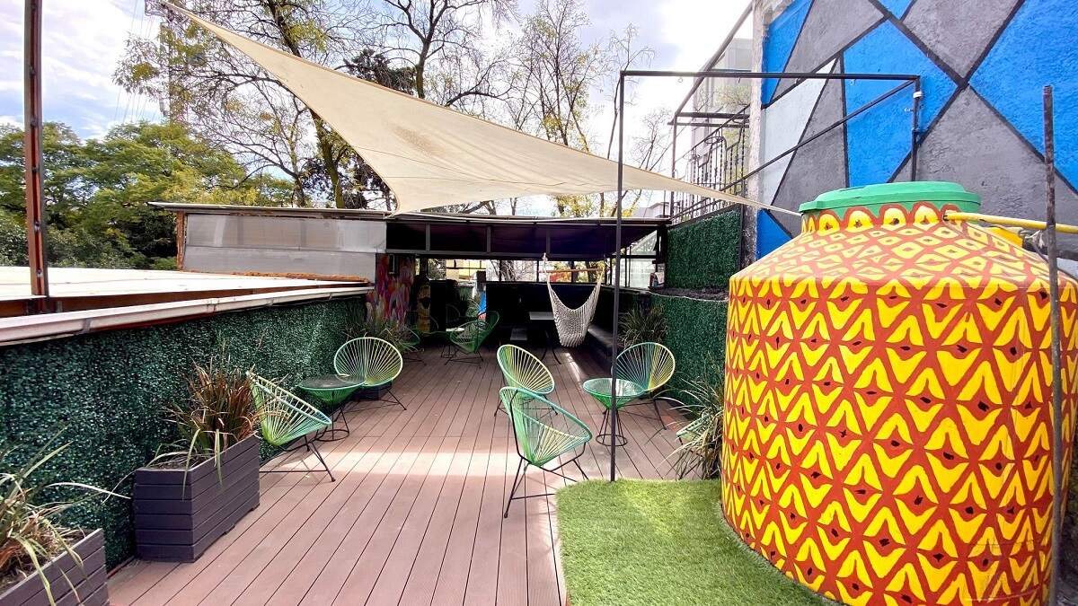 the patio at Roomies Hostel in Condesa, Mexico City