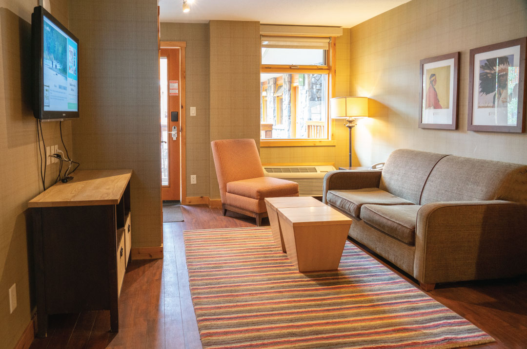 the living room in the two bedroom suite at the Fox Inn in Banff