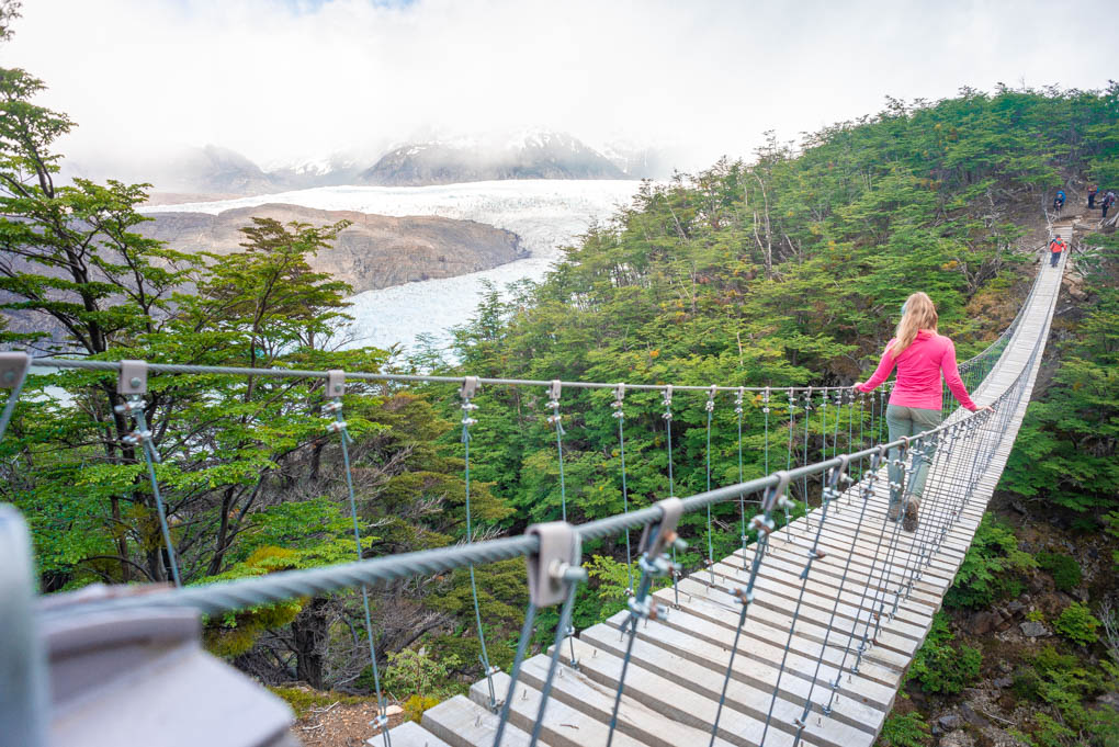 Walking the suspension bridges on the Torres del Paine trek just past Campamento Grey