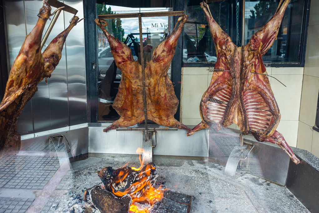 Patagonian Lamb roasting in the shopfront of a restaurant in Chile