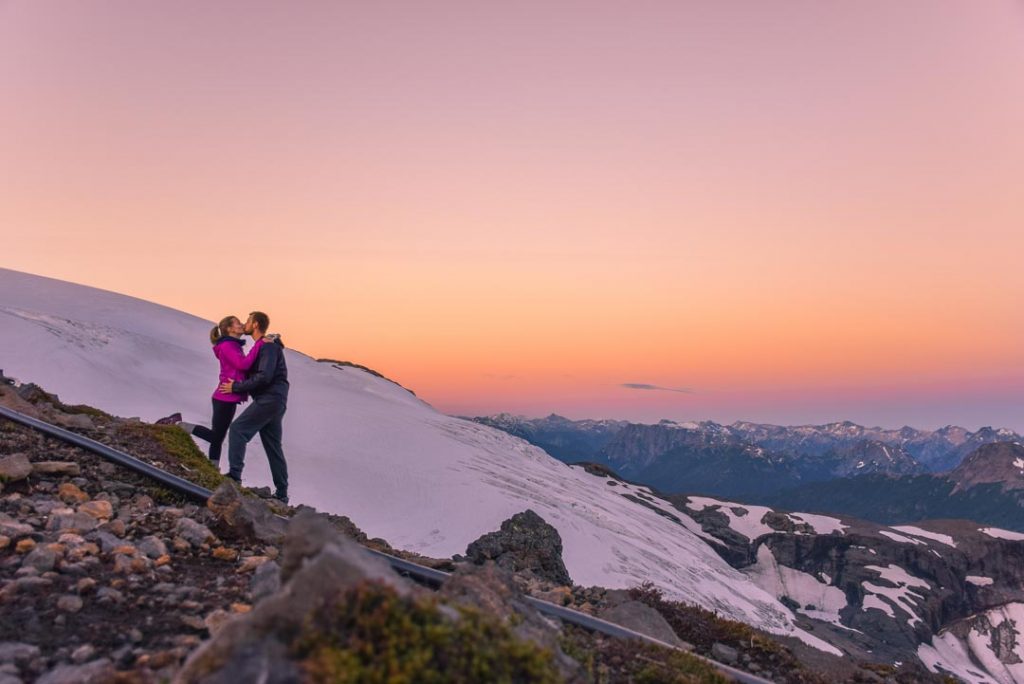 A couple kiss on Cerro Tronador, Argentina