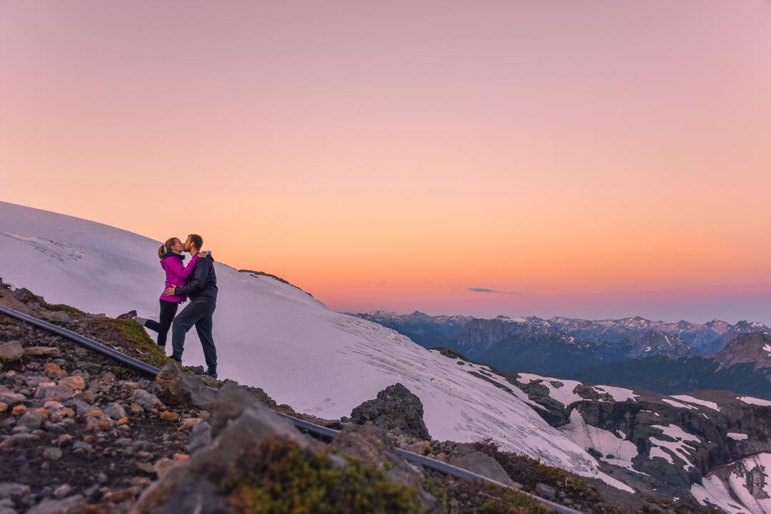A couple kiss on Cerro Tronador, Argentina