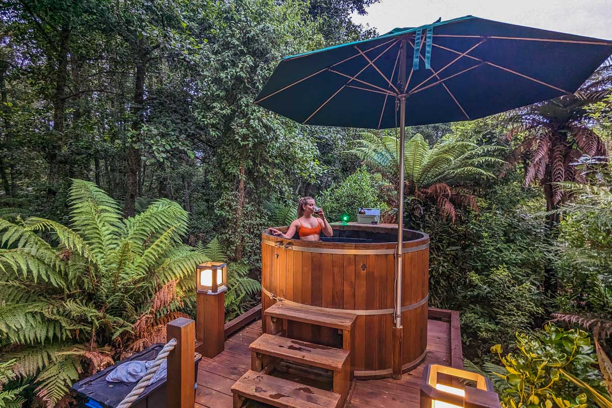 Bailey relaxes in the secret hot tubs in Rotorua