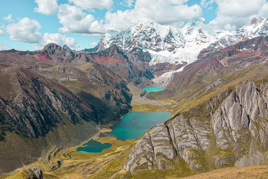 view of blue lakes in the cordillera blanca in peru