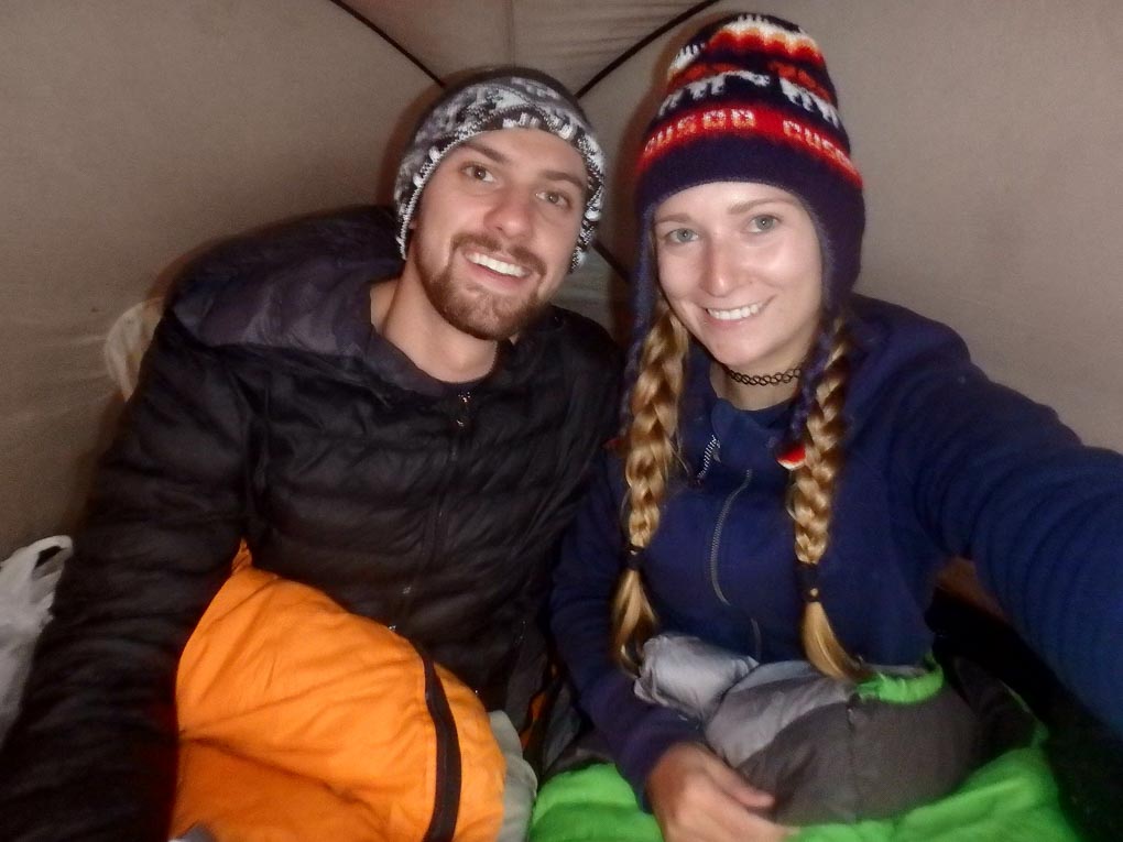 Bailey and Daniel take a selfie in their tent on the Salkantay Trek 