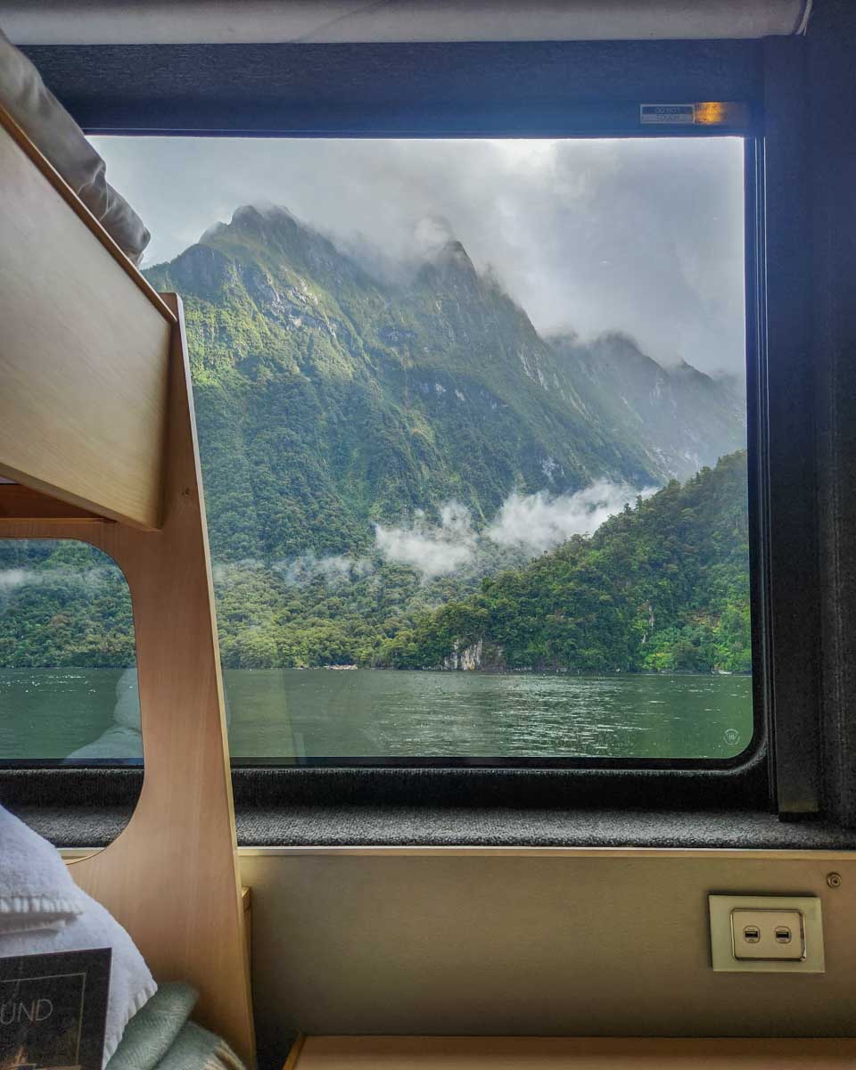 View from our bunk room looking out at Milford Sound on a Milford Sound overnight cruise in New Zealand