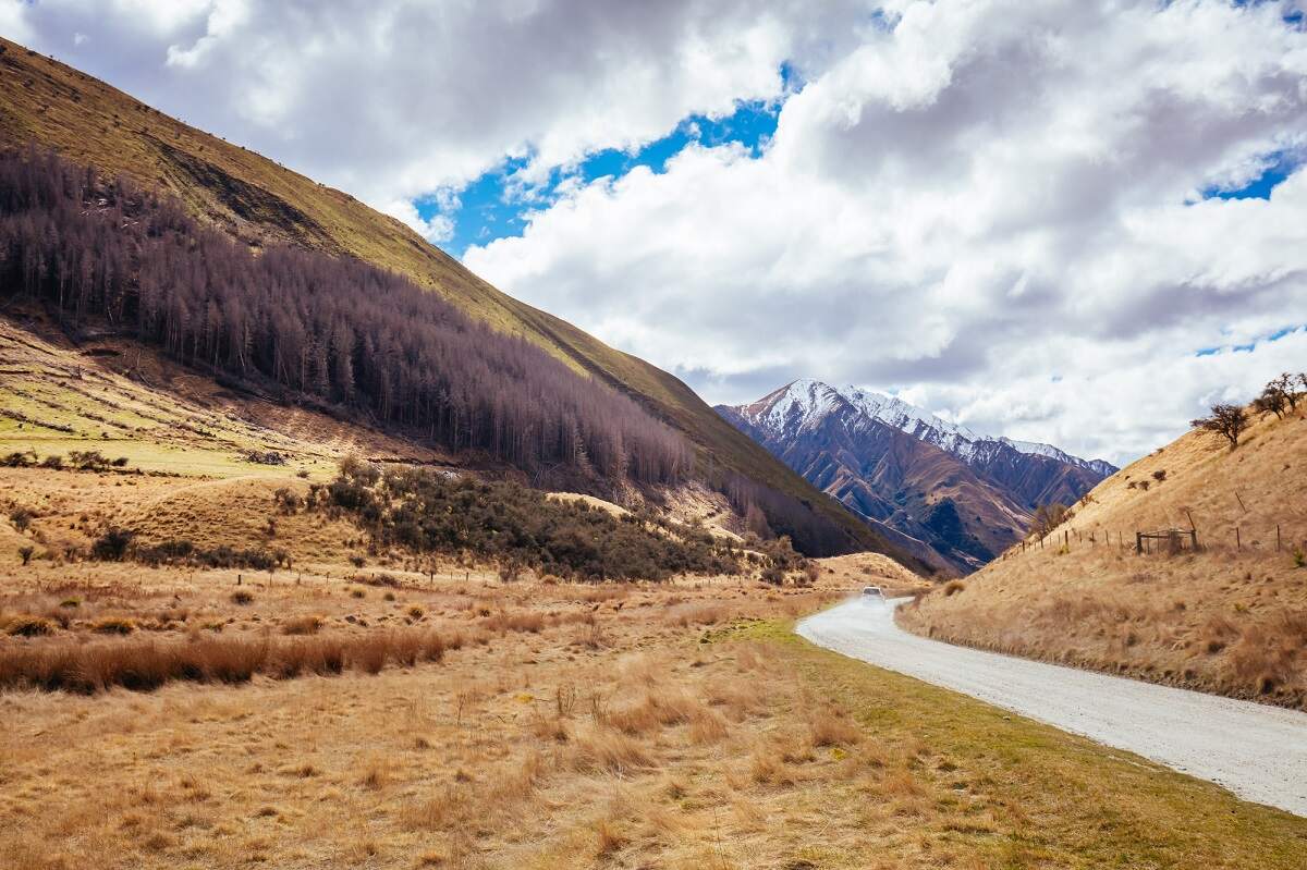 view of the gravel road to get to Moke Lake, New Zealand