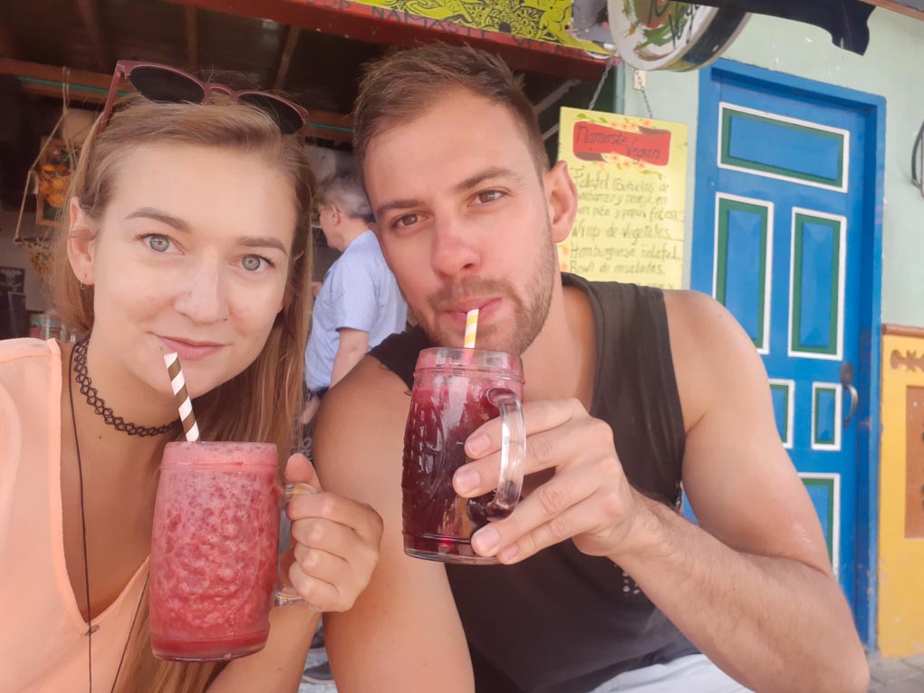 Drinking juice at Namaste Vegan