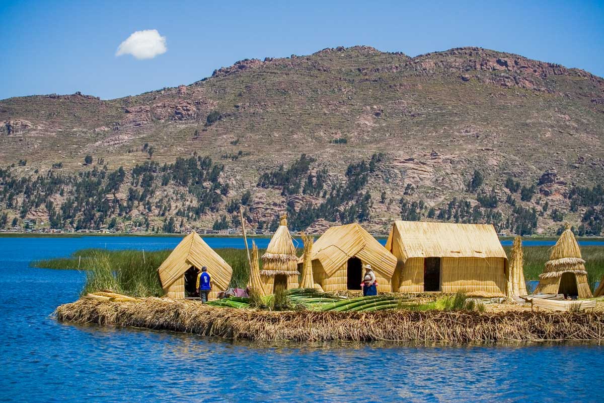A floating village in Lake Titicaca, Peru