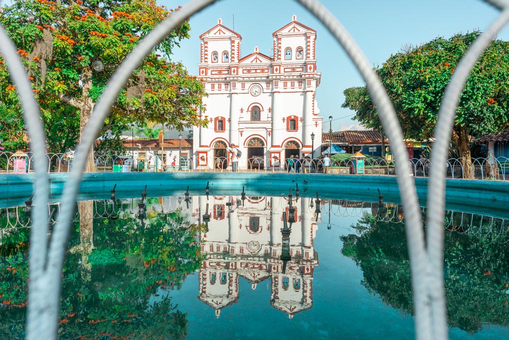 A reflection of the cathedral in Guatapé, Colombia
