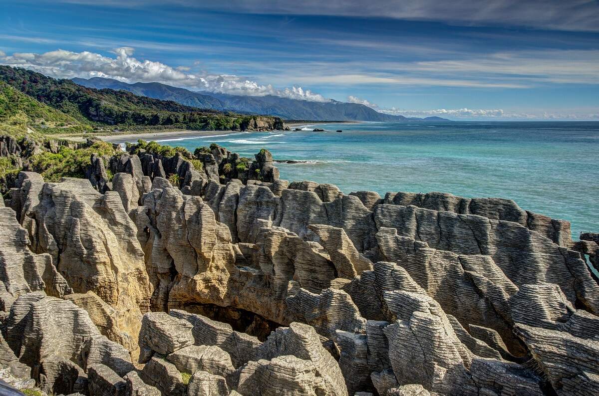 view of pancake rocks over the ocean