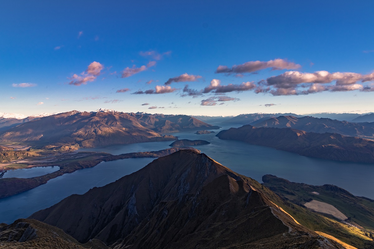view of Lake Wanaka from Roys Peak at Sunset
