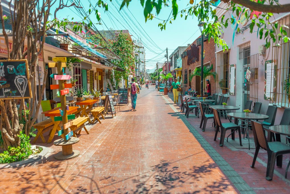 The main walking street in Santa Marta Colombia on a quiet morning.