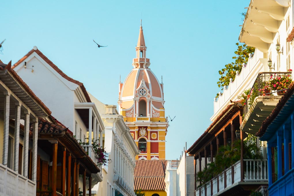 A stunning view of the cathedral in the Old Town of cartagena, Colombia