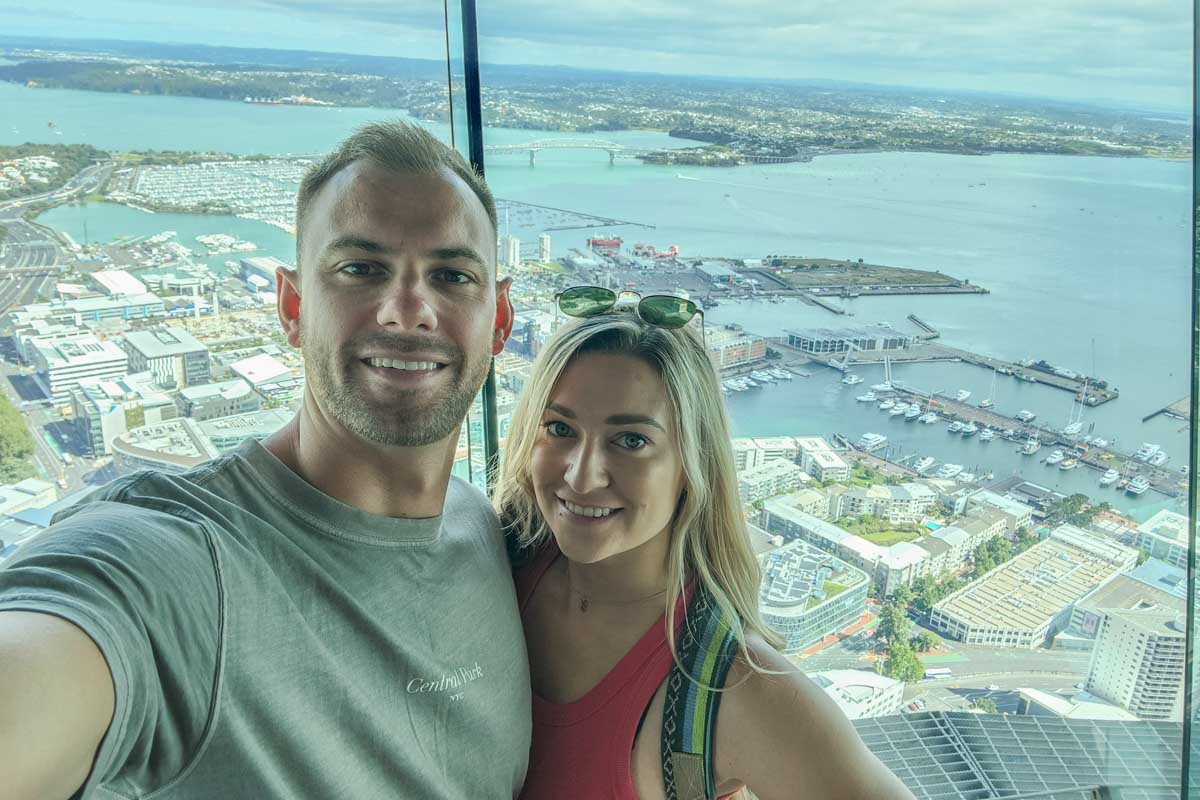 Daniel and Bailey take a selfie at the top of the Sky Tower in Auckland
