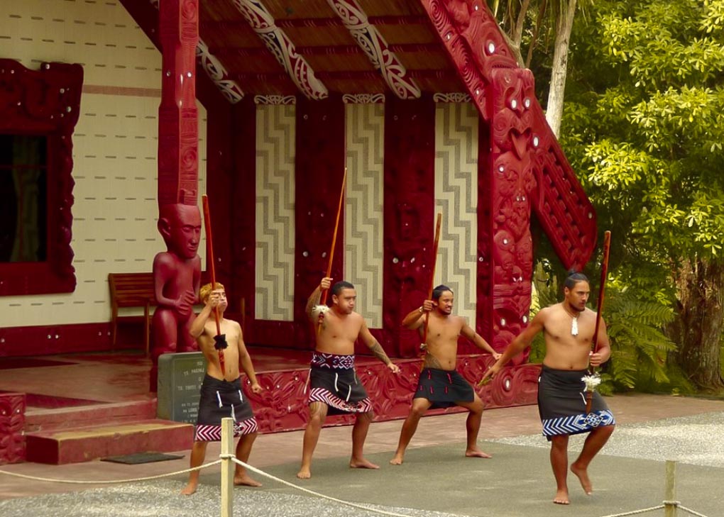 Maori warriors dance at the Waitangi Treaty Grounds
