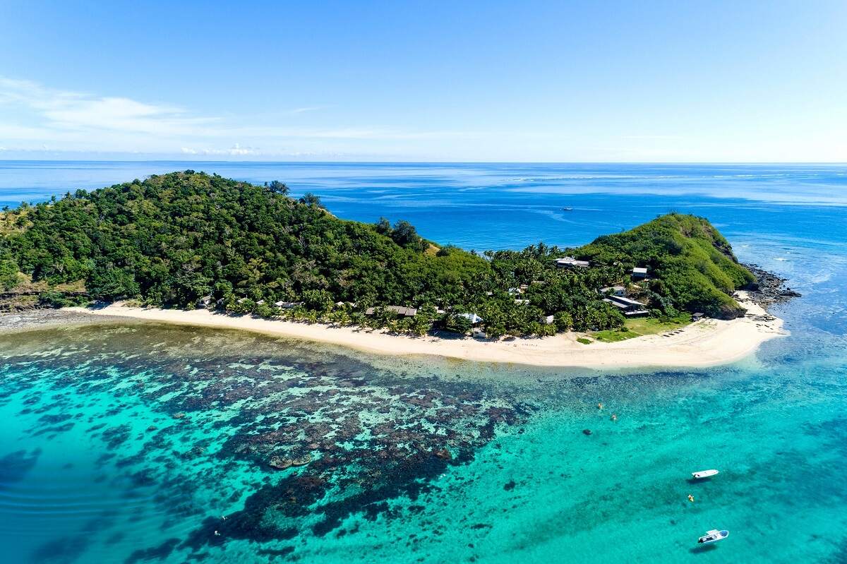 view from above of Mantaray Island Resort in Fiji